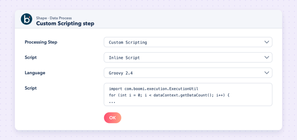 Data Process shape with a Custom Scripting step in Groovy (illustration).