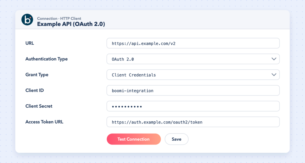 HTTP Client connection with OAuth 2.0 client credentials (illustration).