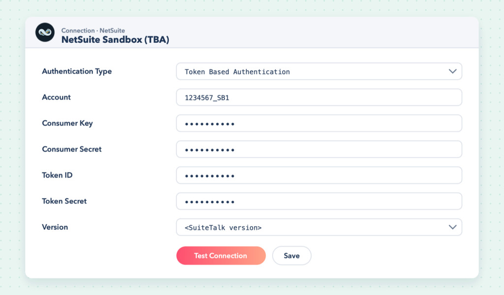 NetSuite connection using token-based authentication (illustration).