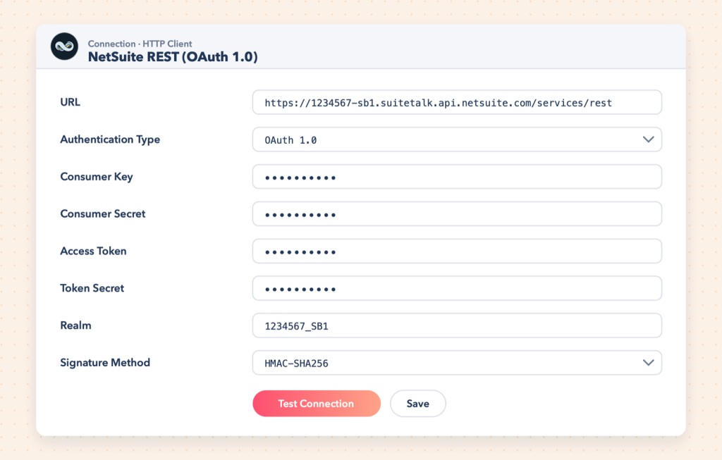 HTTP Client connection for NetSuite REST with OAuth 1.0 (illustration).
