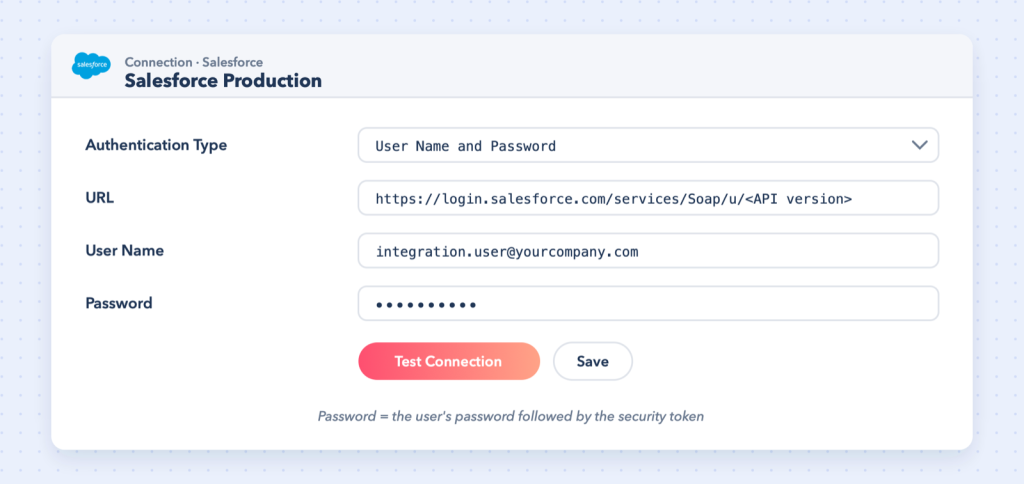 Salesforce connection with user name, password + security token (illustration).