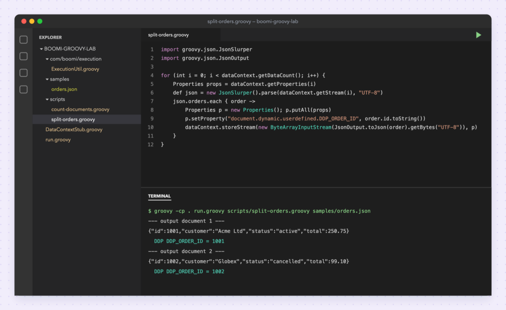 The finished setup: the script, the local test harness and the output in one window.