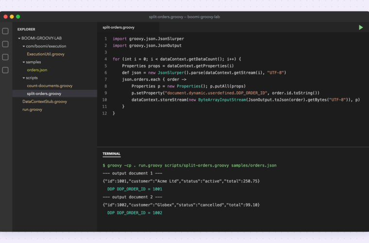 VS Code running a Boomi Groovy script locally with the output in the terminal